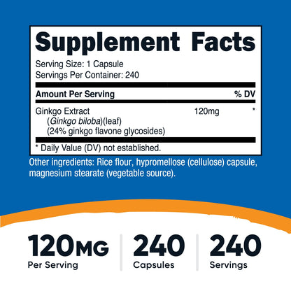 Nutricost Ginkgo Biloba extra strength supplement nutritional facts and daily serving info