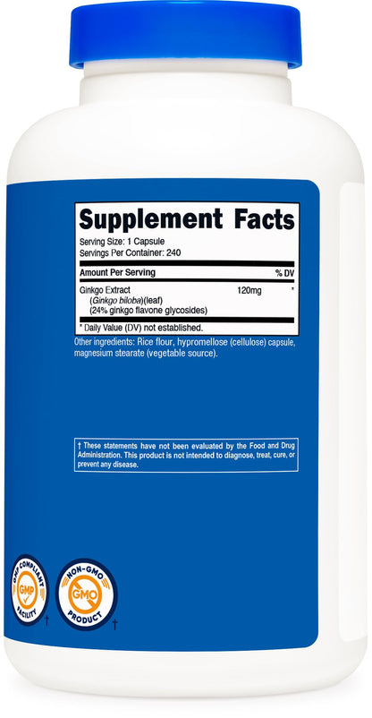 Premium Ginkgo Biloba leaf extract capsules by Nutricost for antioxidant support