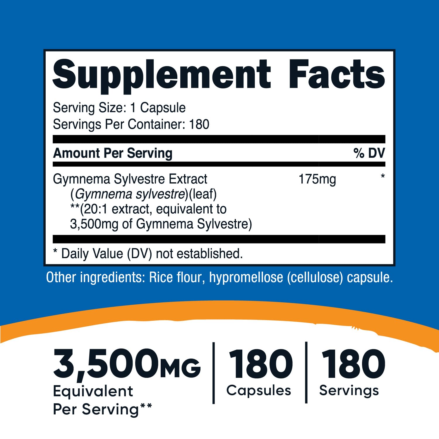 Nutricost Gymnema Sylvestre 3500mg supplement facts panel detailing high potency twenty to one leaf extract