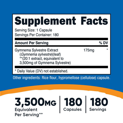 Nutricost Gymnema Sylvestre 3500mg supplement facts panel detailing high potency twenty to one leaf extract