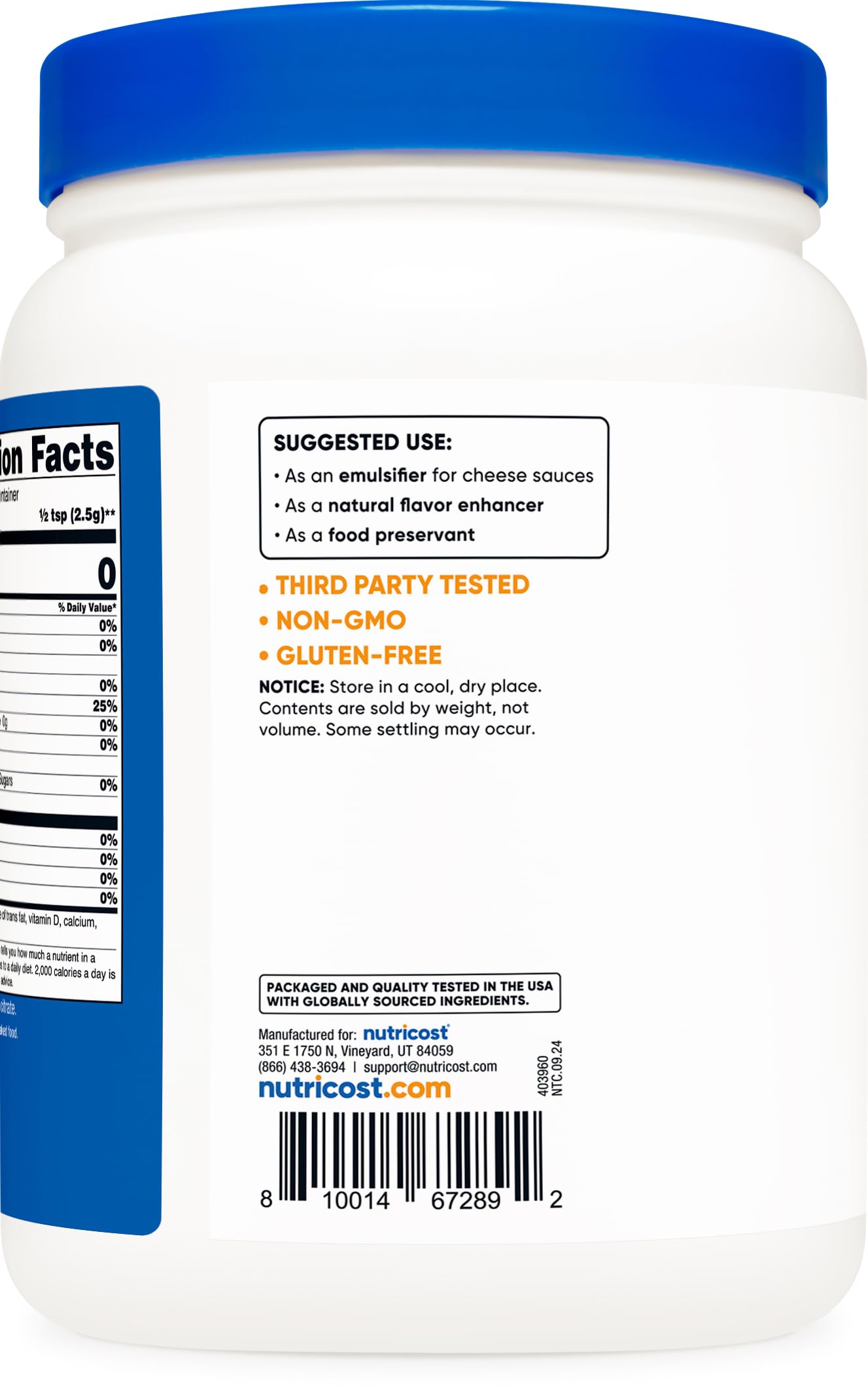 Nutricost Sodium Citrate food grade powder non-GMO and gluten free certification details