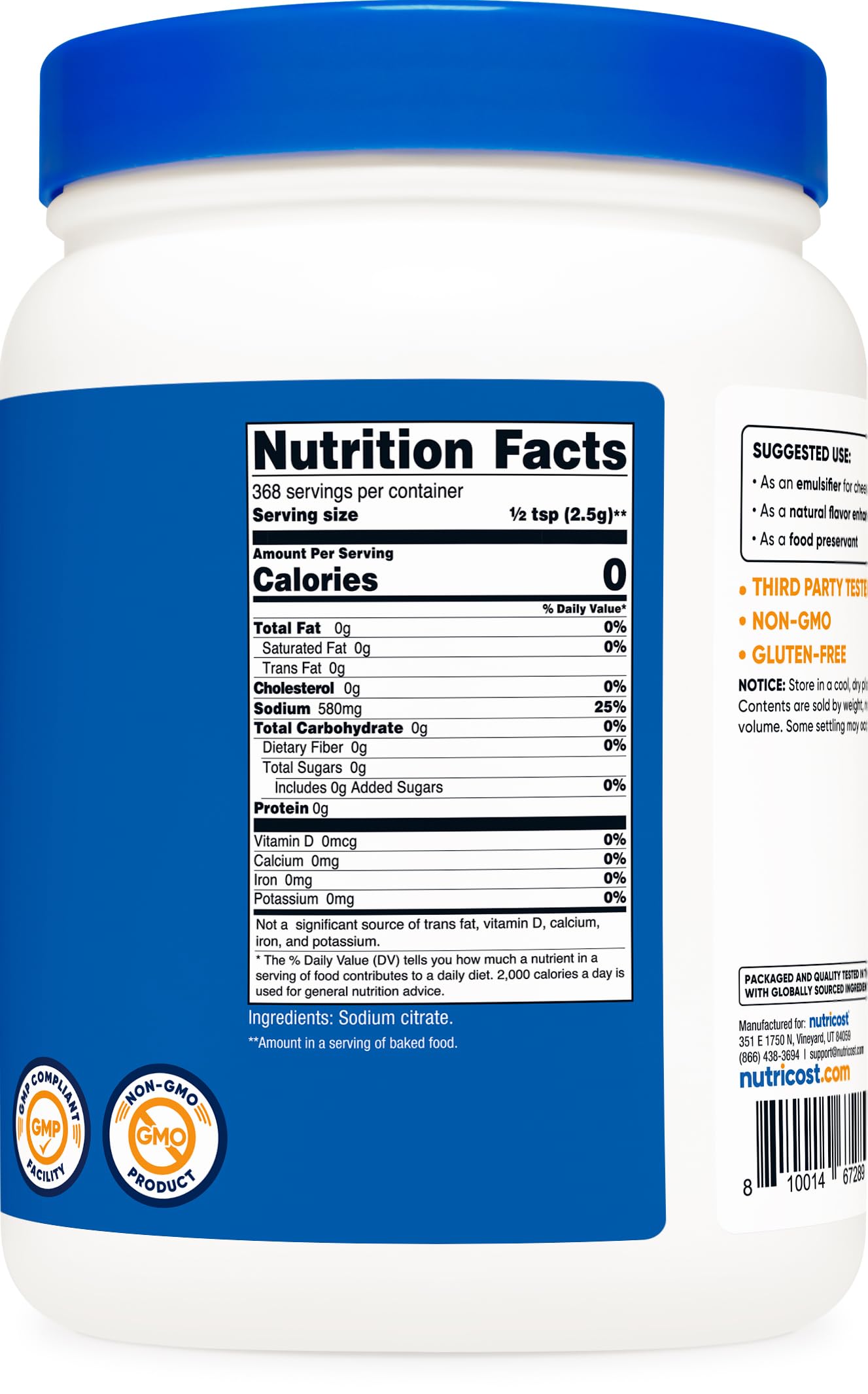 Nutricost Sodium Citrate unflavored food emulsifier bottle packaging close up