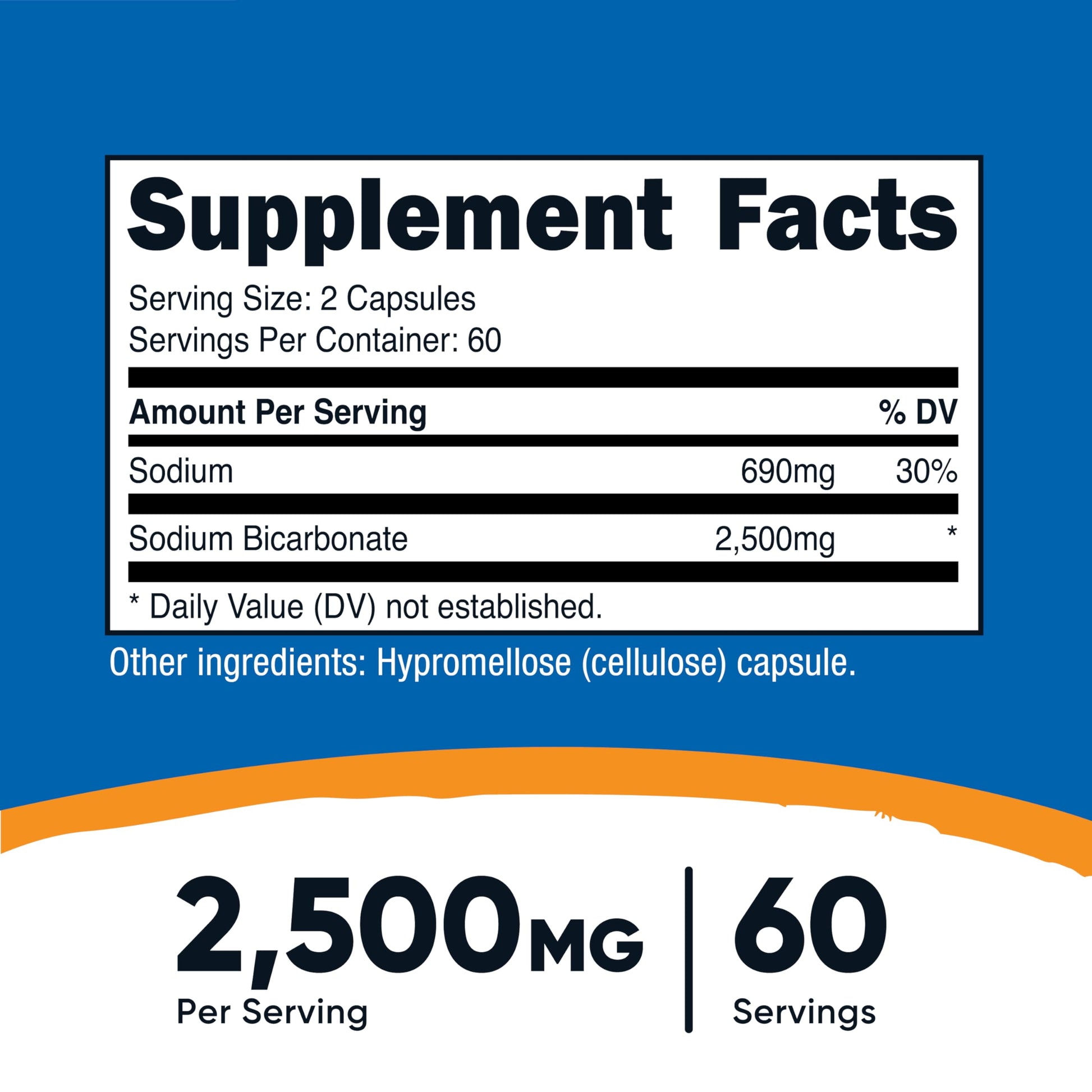 Nutricost Sodium Bicarbonate dietary supplement bottle showing nutritional facts and vegan label.