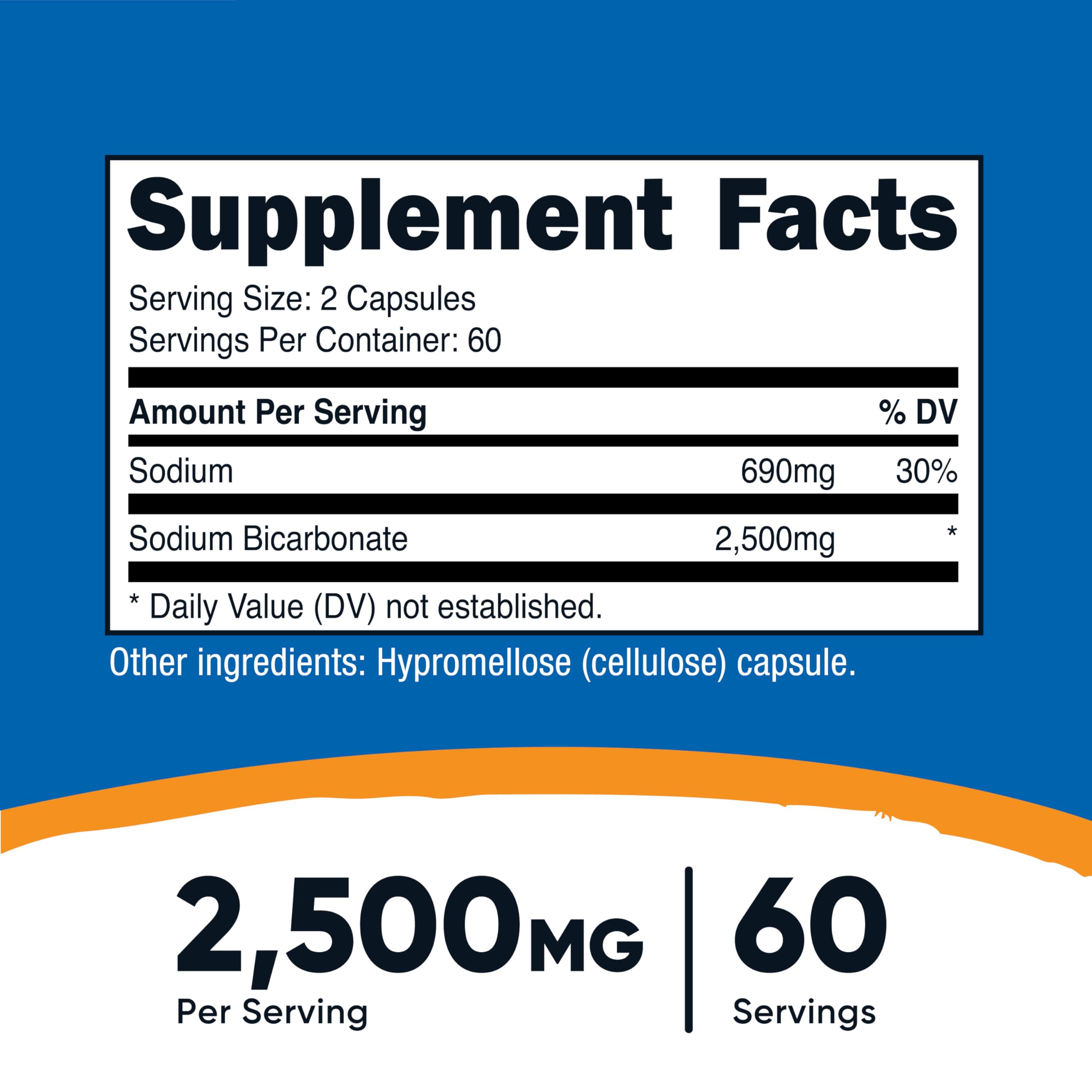 Nutricost Sodium Bicarbonate dietary supplement bottle showing nutritional facts and vegan label.
