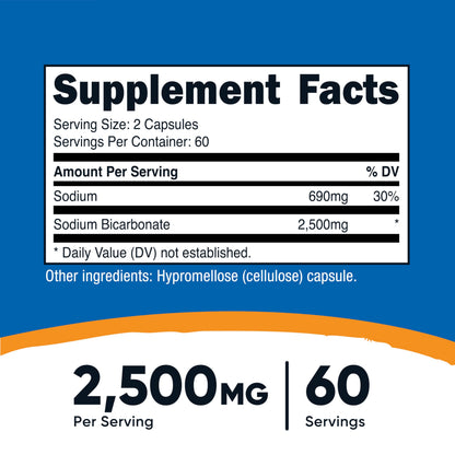 Nutricost Sodium Bicarbonate dietary supplement bottle showing nutritional facts and vegan label.