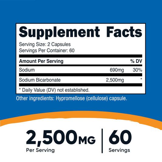 Nutricost Sodium Bicarbonate dietary supplement bottle showing nutritional facts and vegan label.