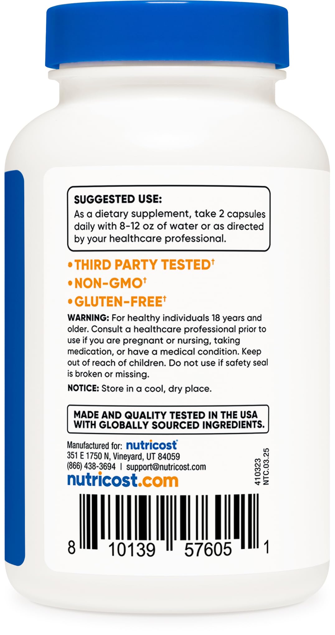 Close-up of USA-sourced Nutricost sodium bicarbonate dietary supplement for heartburn relief.