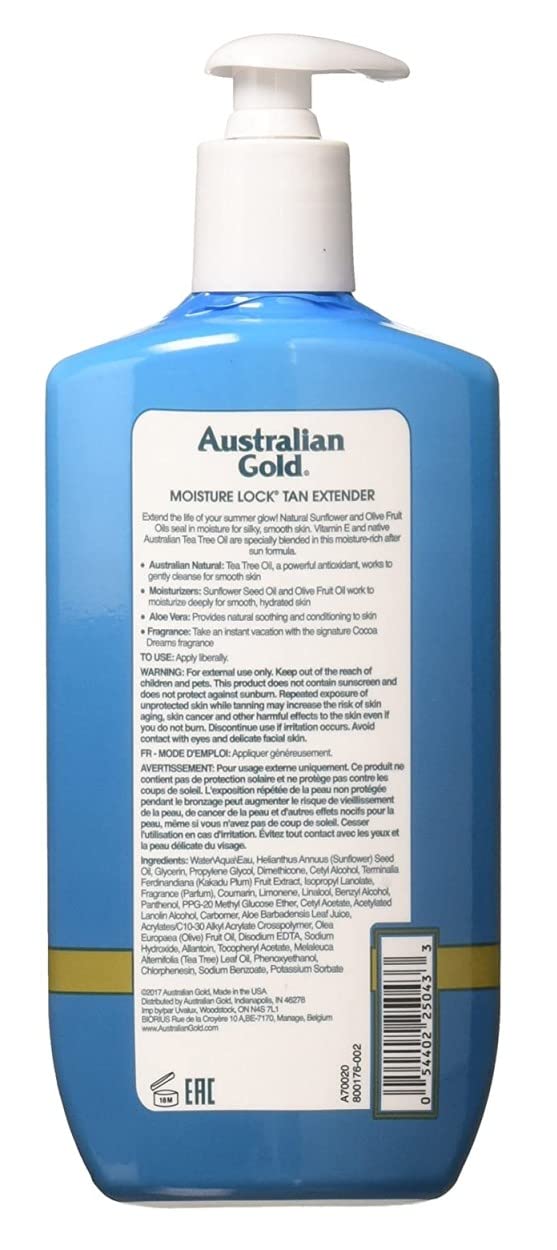 Australian Gold Moist Lock Tan Extender ingredients and pump bottle detail