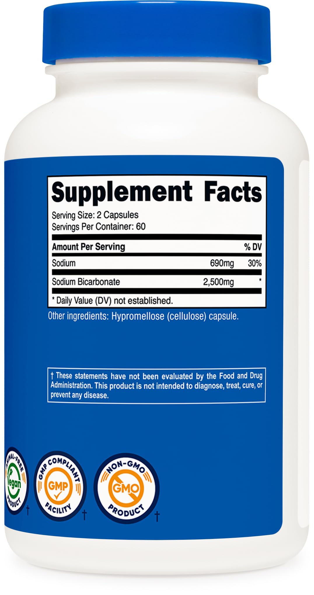 Serving size details on the back label of Nutricost sodium bicarbonate 120 capsules.
