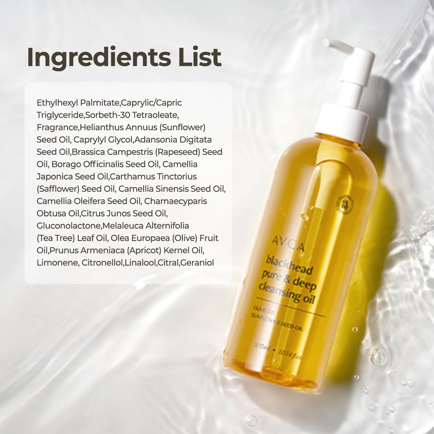 Back label of AVCA cleansing oil showing ingredients