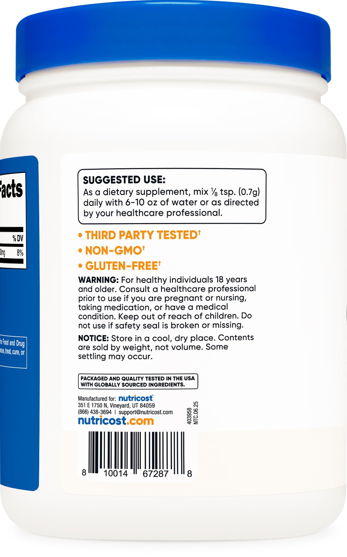 Side view of gluten free non GMO potassium chloride powder container highlighting allergen warnings
