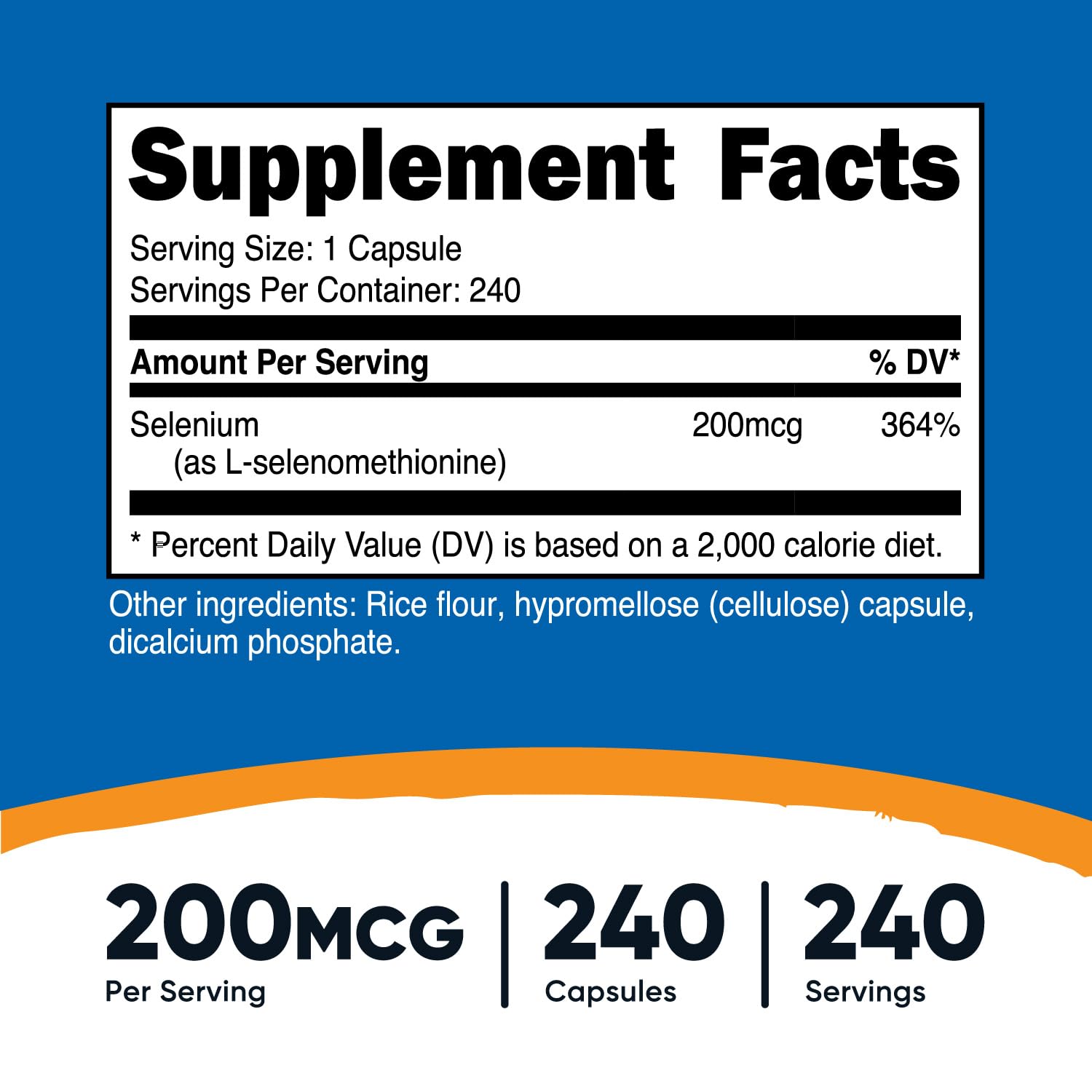 Nutricost Selenium antioxidant supplement showing L-Selenomethionine serving facts and ingredient details