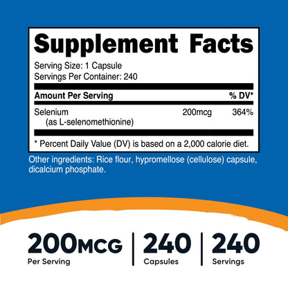 Nutricost Selenium antioxidant supplement showing L-Selenomethionine serving facts and ingredient details