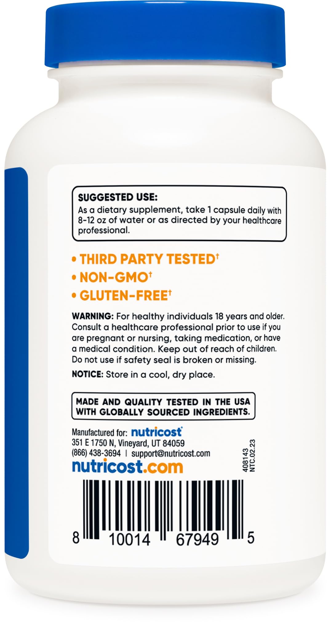 Nutricost Selenium 200 micrograms dietary supplement bottle showcasing authentic batch testing information