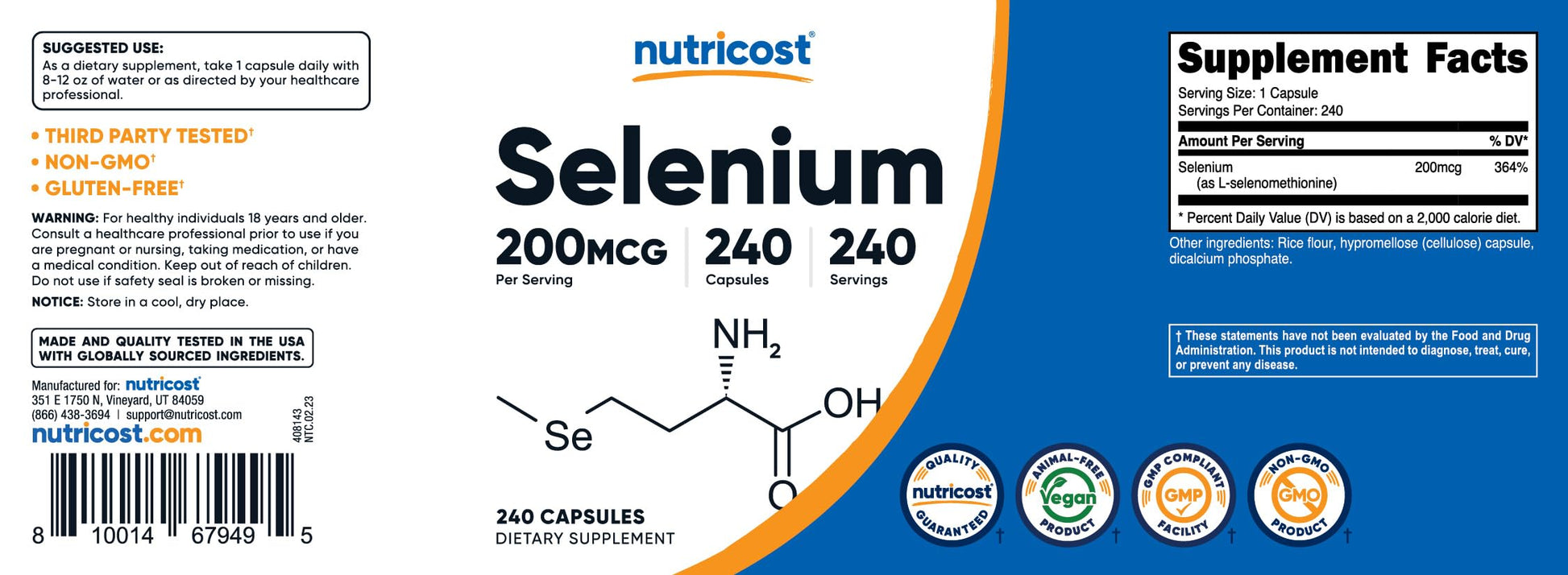 Nutricost Selenium 240 capsules product label close up detailing clear daily usage directions