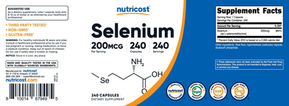 Nutricost Selenium 240 capsules product label close up detailing clear daily usage directions