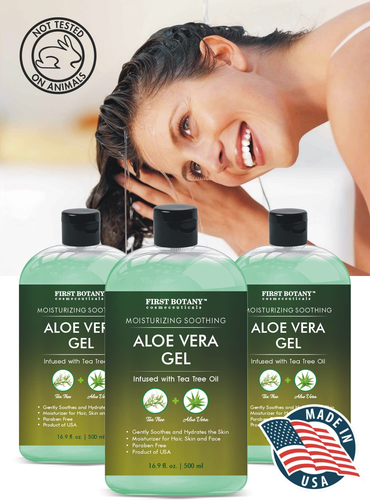 Bottle back label of First Botany aloe vera gel with tea tree oil