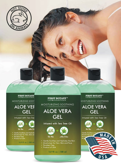Bottle back label of First Botany aloe vera gel with tea tree oil