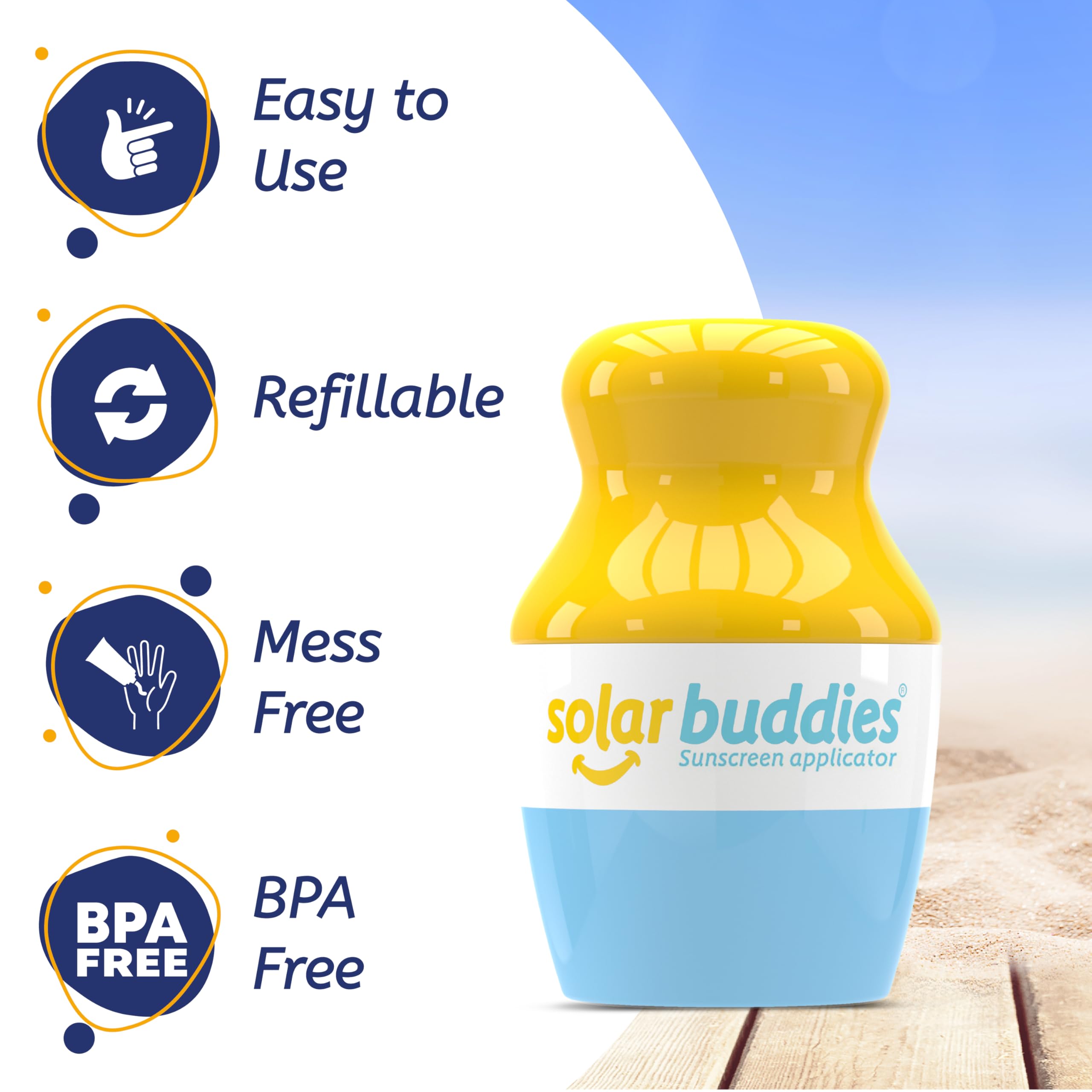 Side profile of blue and pink Solar Buddies travel-size refillable containers