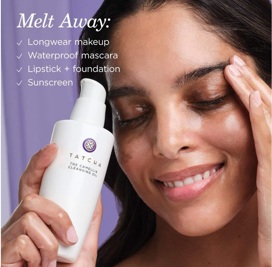 Tatcha facial cleanser showing silky oil texture