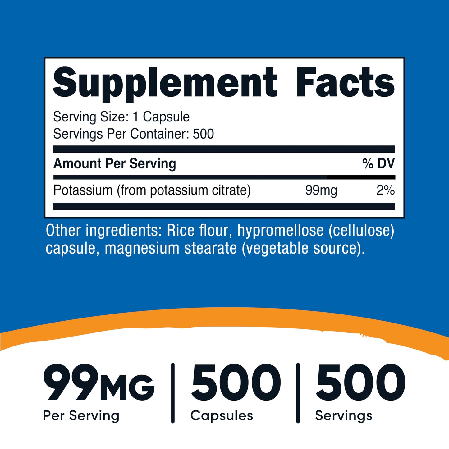 Nutricost Potassium Citrate dietary supplement side panel displaying clean non-GMO and gluten-free ingredients list.