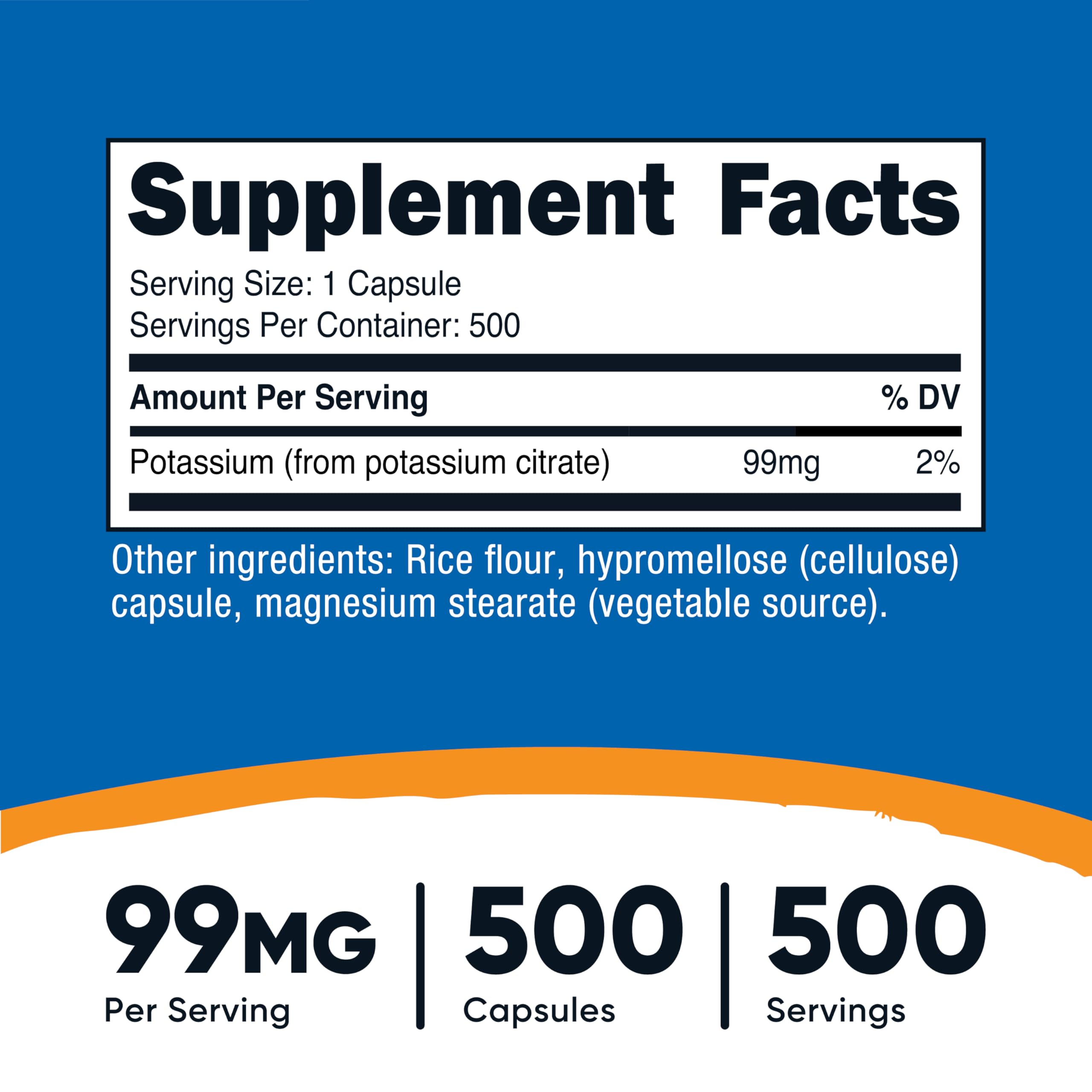 Nutricost Potassium Citrate dietary supplement side panel displaying clean non-GMO and gluten-free ingredients list.