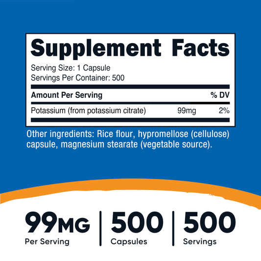 Nutricost Potassium Citrate dietary supplement side panel displaying clean non-GMO and gluten-free ingredients list.