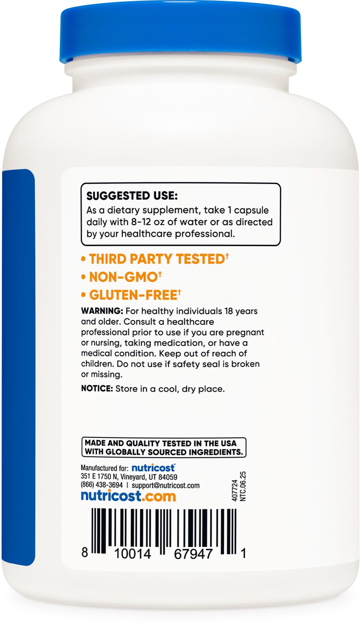 Authentic USA imported Nutricost Potassium Citrate bottle showcasing third-party tested seal for quality assurance.