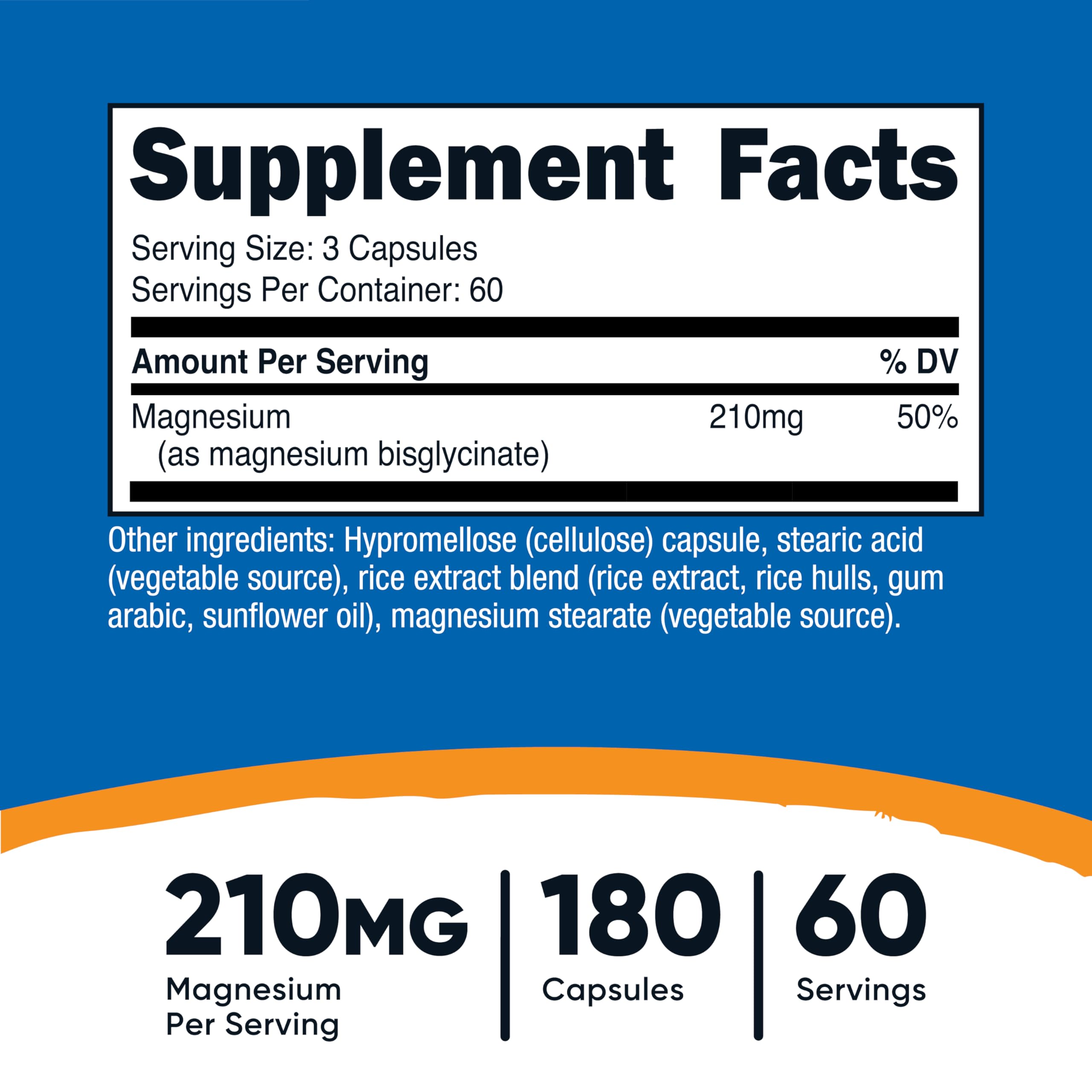 Nutricost Magnesium Glycinate supplement facts label showing 210mg serving size