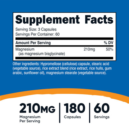 Nutricost Magnesium Glycinate supplement facts label showing 210mg serving size
