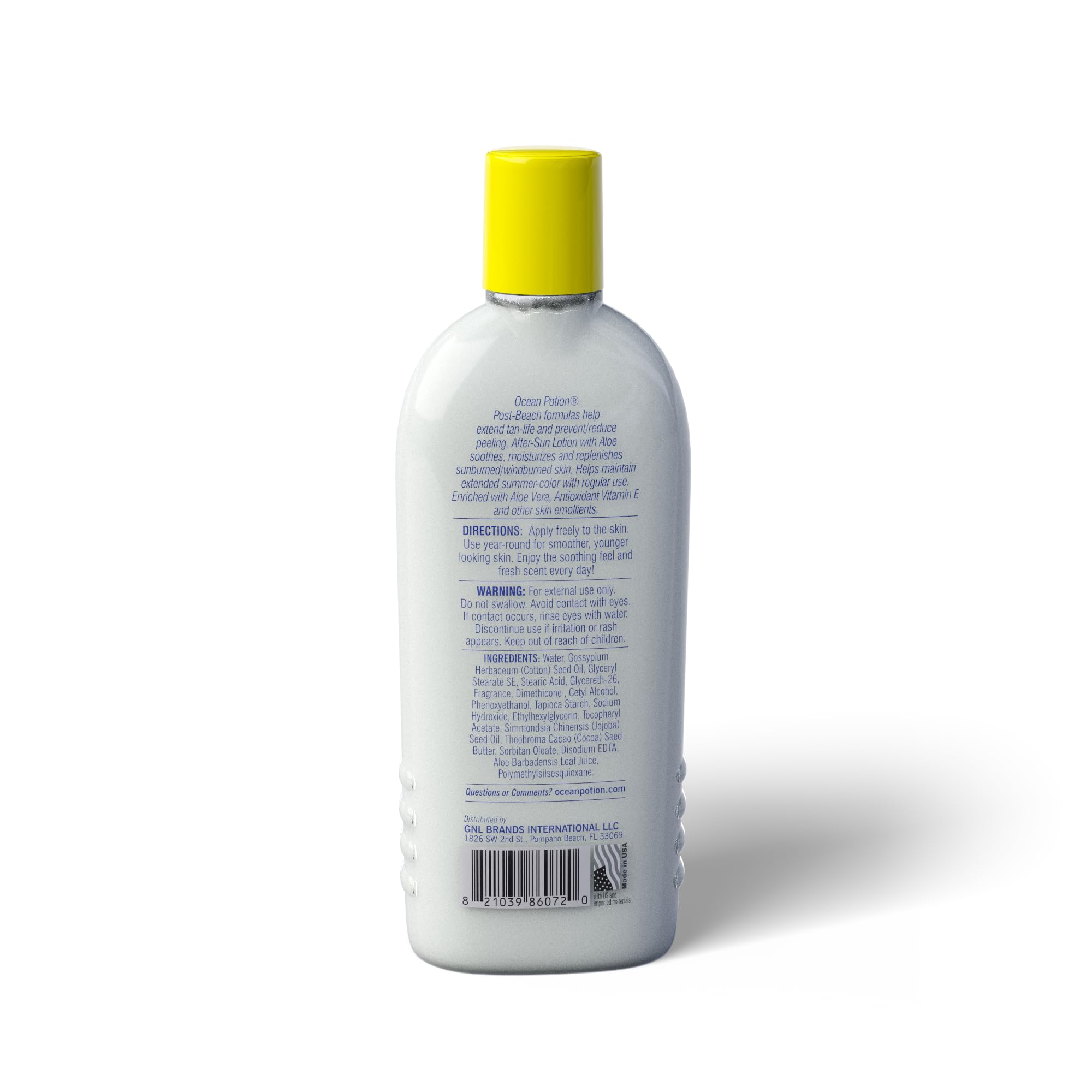 Ocean Potion After Sun Lotion bottle showing aloe vera and vitamin E benefits