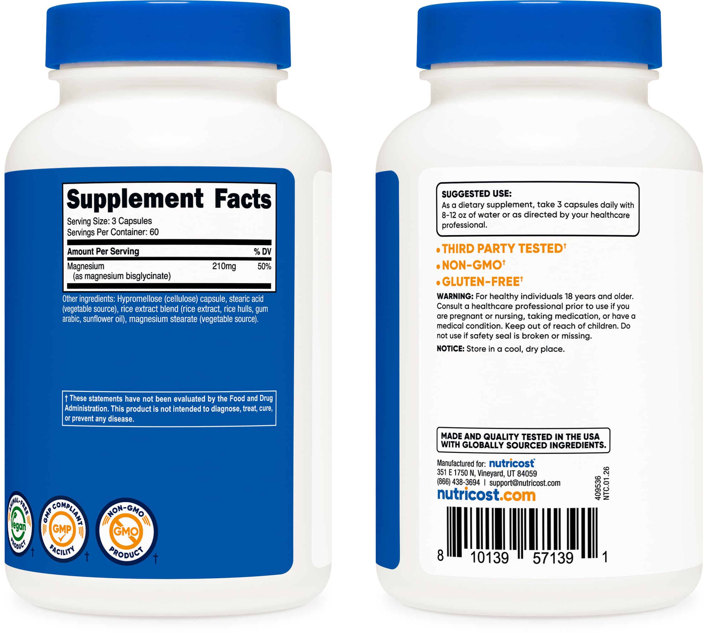 Authentic Nutricost Magnesium Bisglycinate capsules displayed next to the bottle