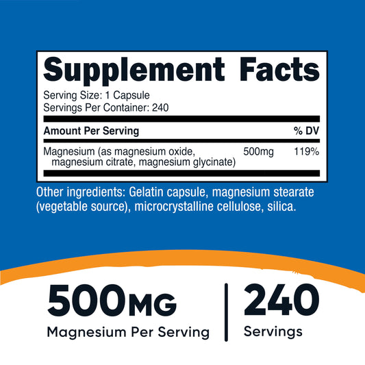 Nutricost Magnesium Complex 500mg triple blend supplement facts label