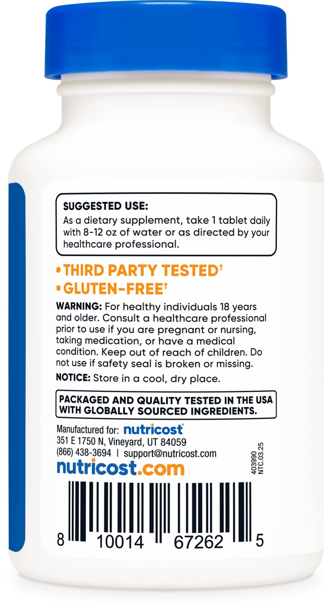 Close up of Nutricost Kelp tablet bottle non-GMO label