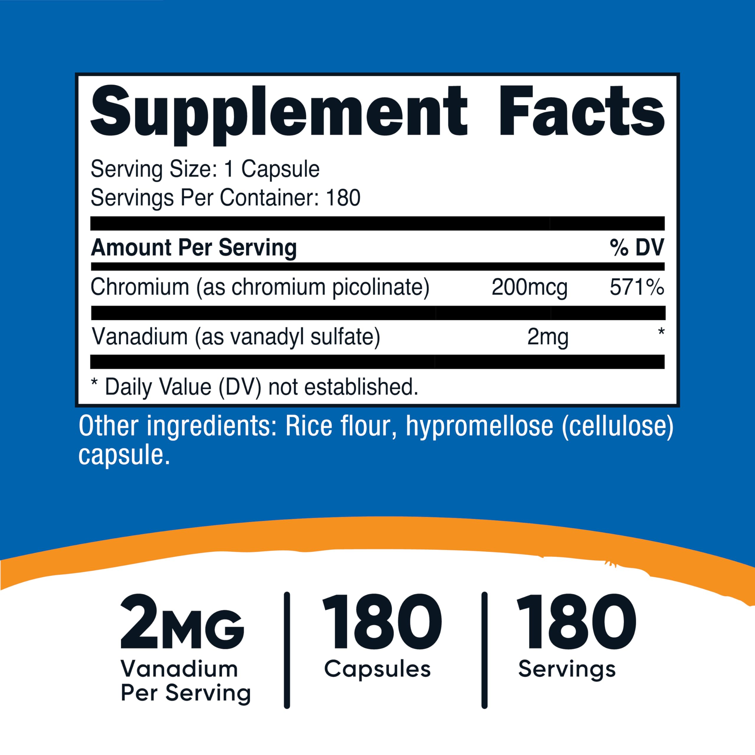 Side view of Nutricost Vanadium two milligrams and Chromium two hundred micrograms bottle listing the full supplement facts panel.