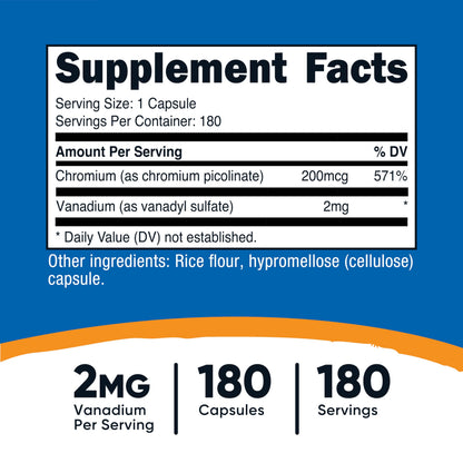 Side view of Nutricost Vanadium two milligrams and Chromium two hundred micrograms bottle listing the full supplement facts panel.