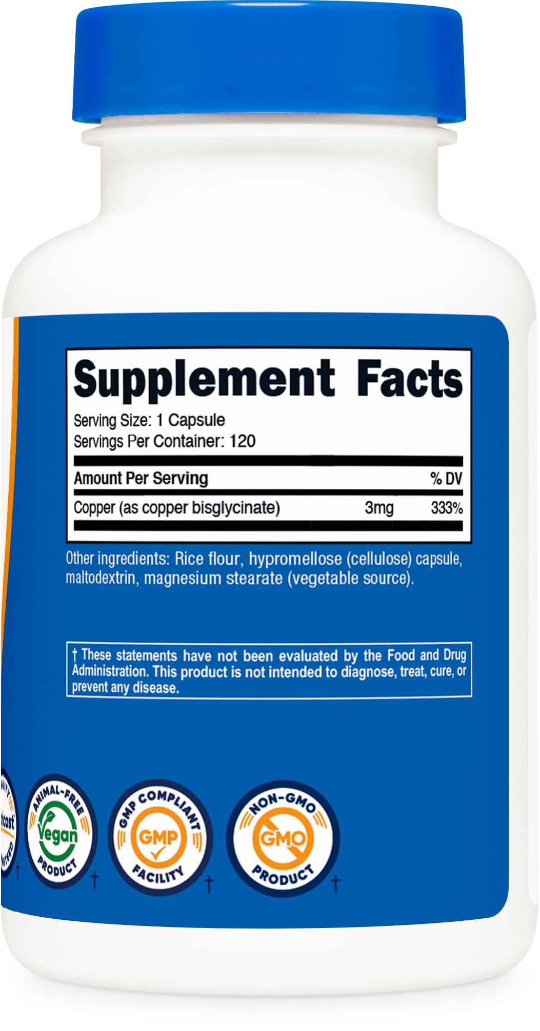 Nutricost Copper Glycinate 120 count bottle side view