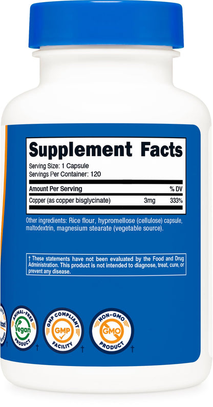Nutricost Copper Glycinate 120 count bottle side view