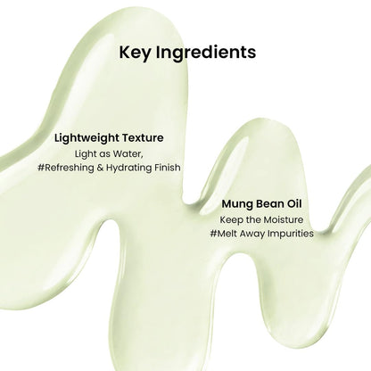 Close up of Beplain Mung Bean Cleansing Oil bottle details.