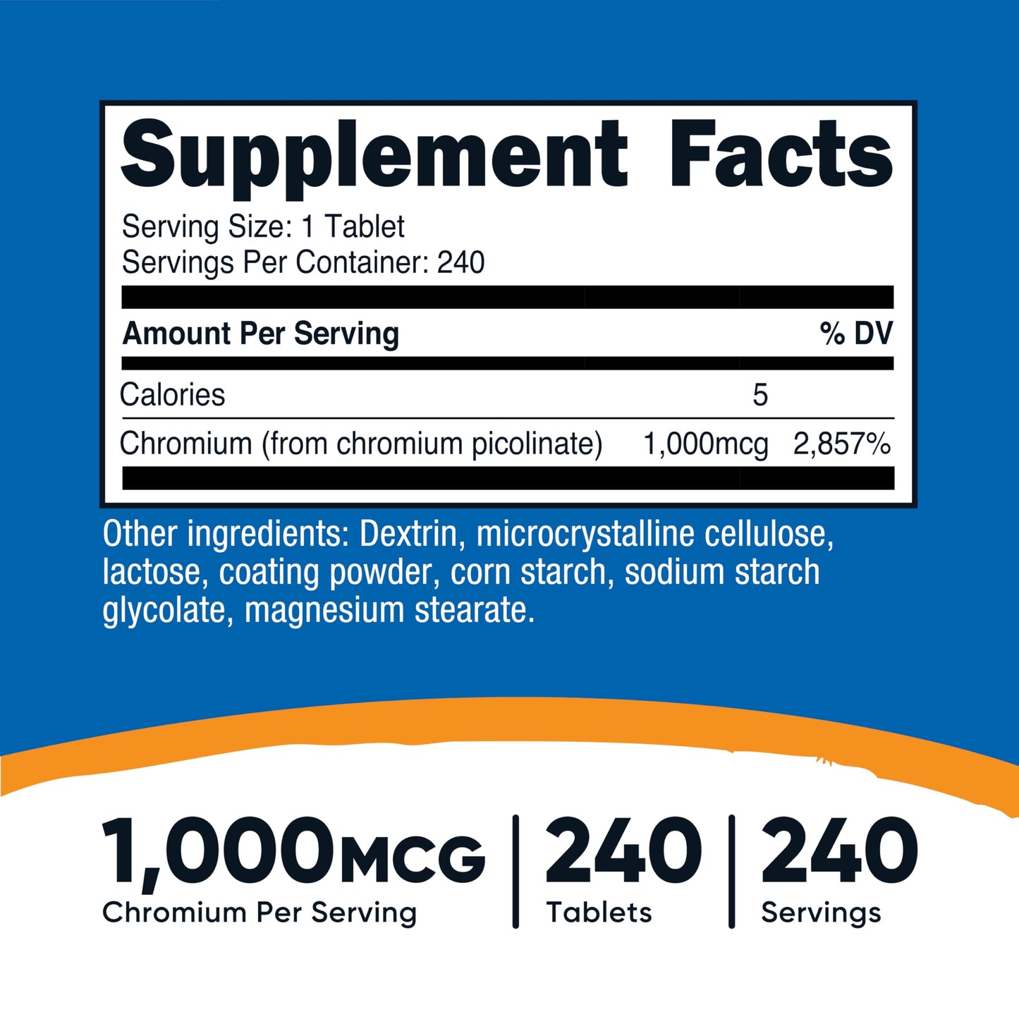 Side angle view of Nutricost Chromium 1000 mcg dietary supplement detailing non GMO and gluten free certifications.
