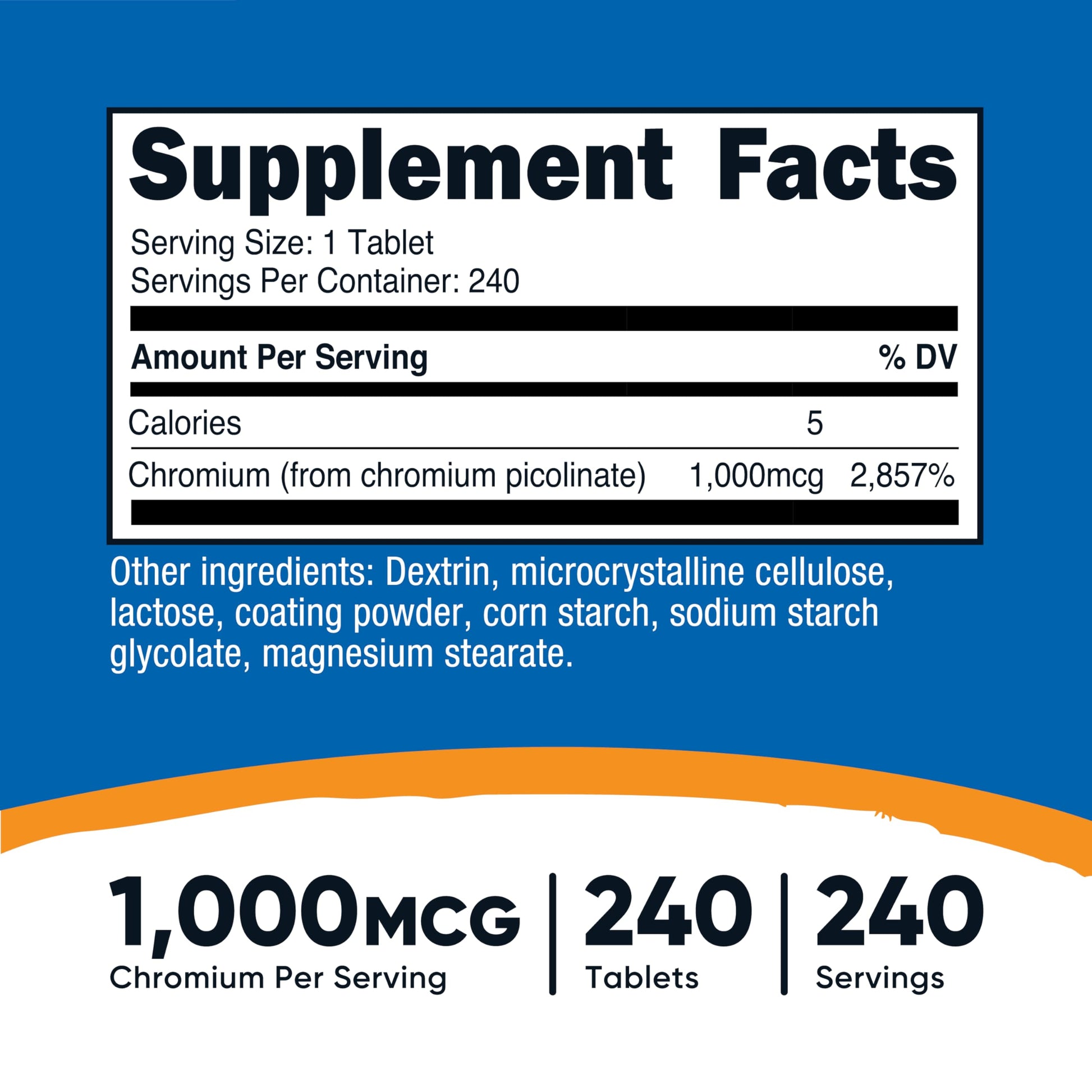 Side angle view of Nutricost Chromium 1000 mcg dietary supplement detailing non GMO and gluten free certifications.