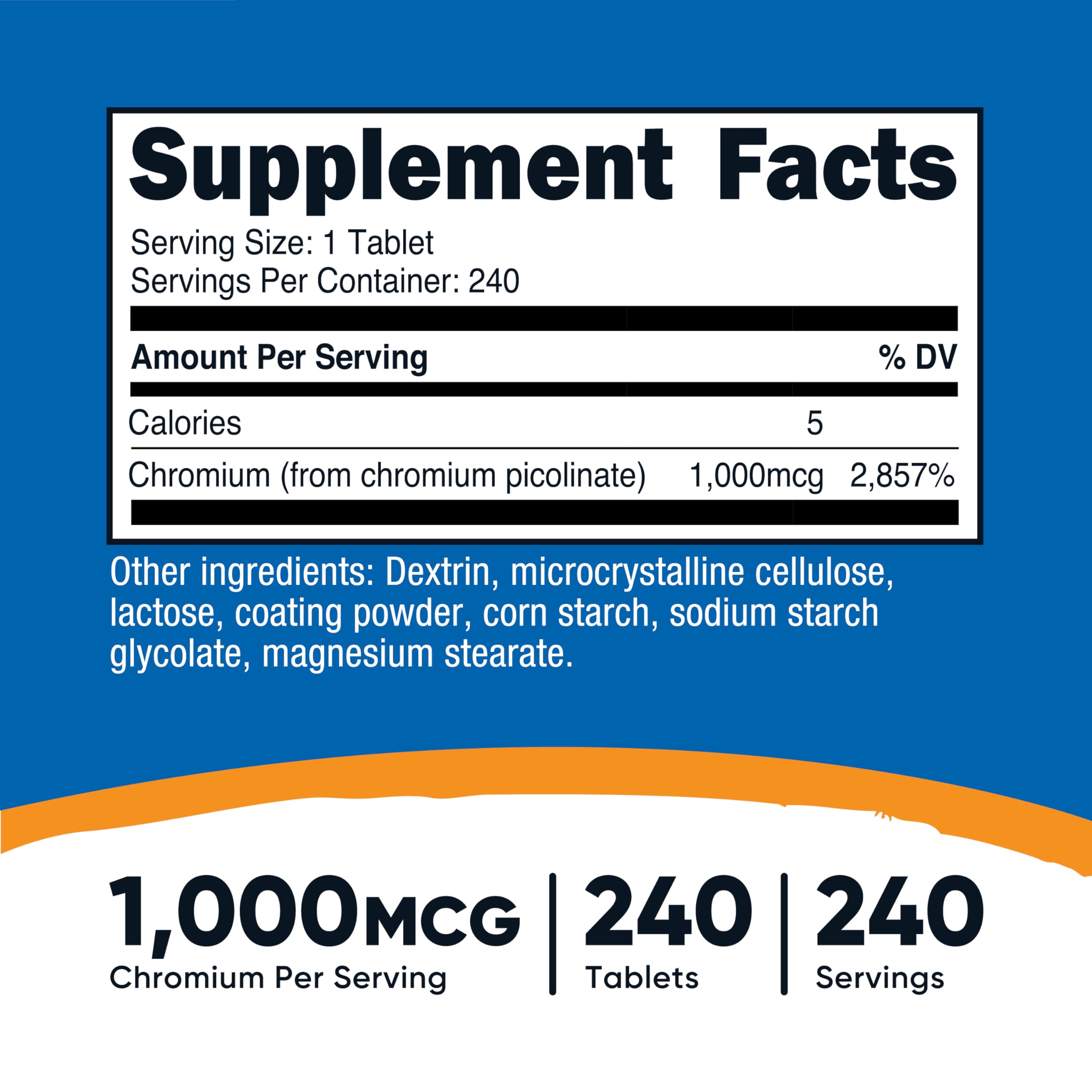 Side angle view of Nutricost Chromium 1000 mcg dietary supplement detailing non GMO and gluten free certifications.