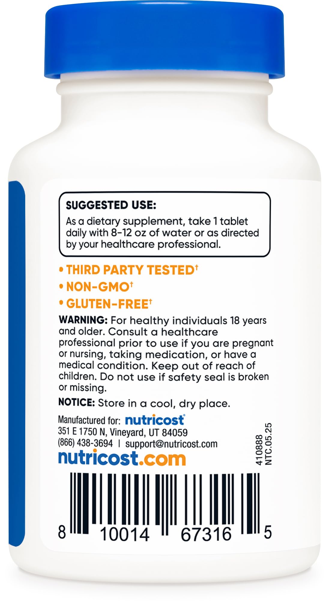 Authentic Nutricost Chromium Picolinate 240 tablets container illustrating premium packaging and GMP compliant manufacturing details.
