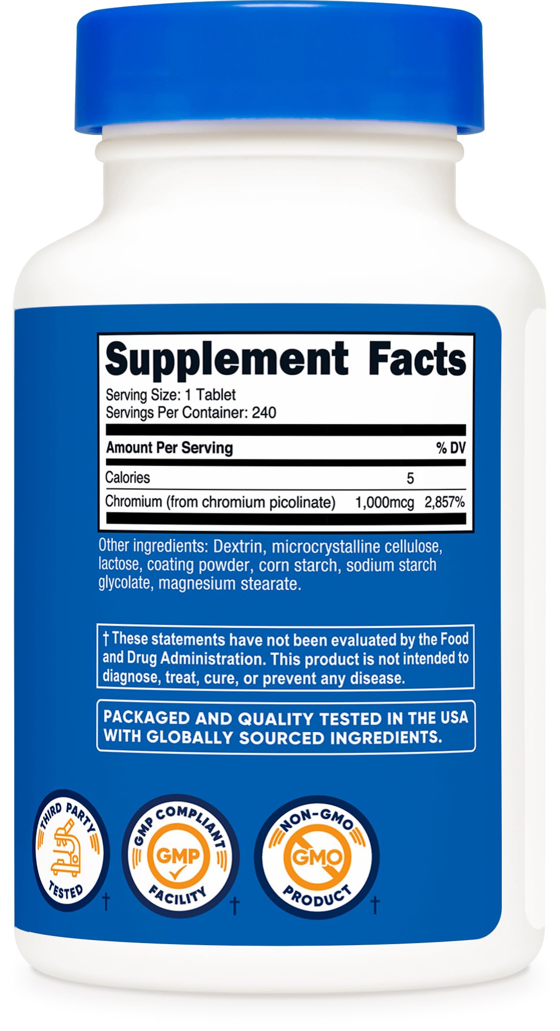 Close up view of the small easy to swallow tablets alongside the Nutricost high potency chromium bottle.