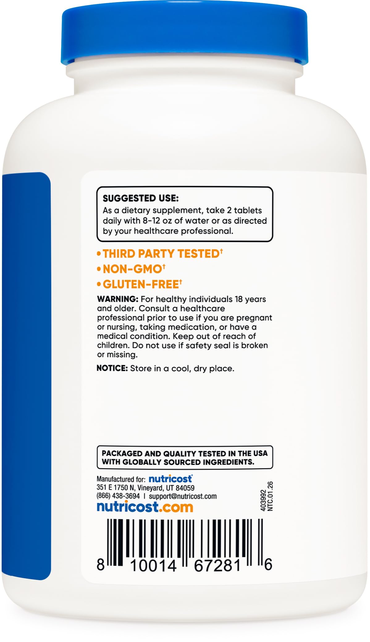 Authentic Nutricost Calcium bottle side profile showing manufacturing details