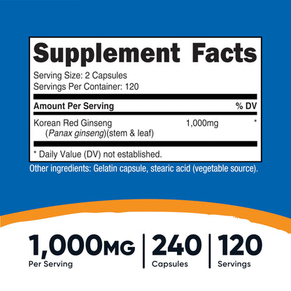 Nutricost Korean Red Ginseng label showing 240 capsules count