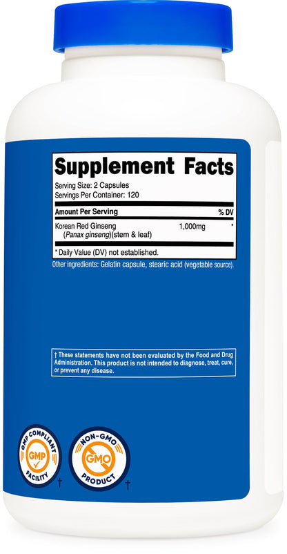 Nutricost Korean Panax Red Ginseng 1000mg extra strength supplement side view