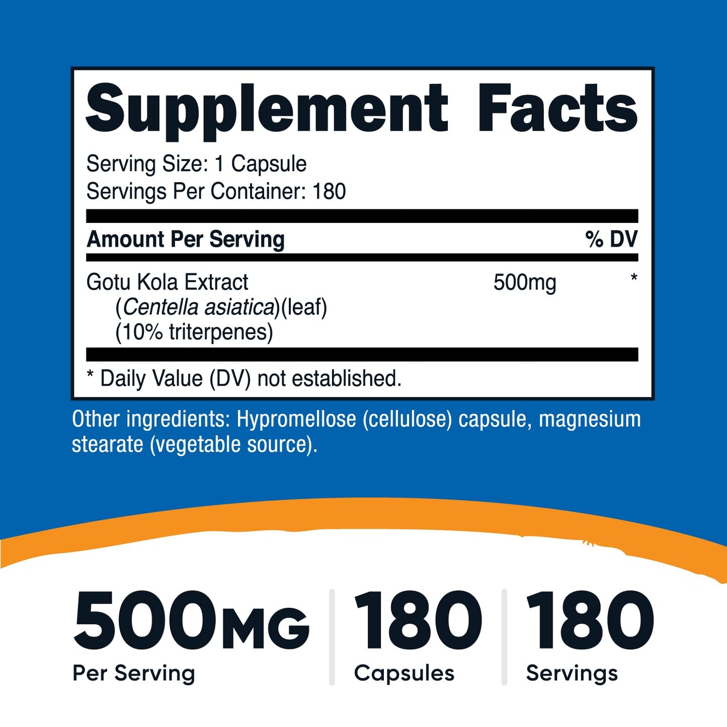 Nutricost Centella asiatica 180 vegetarian capsules supplement facts label side
