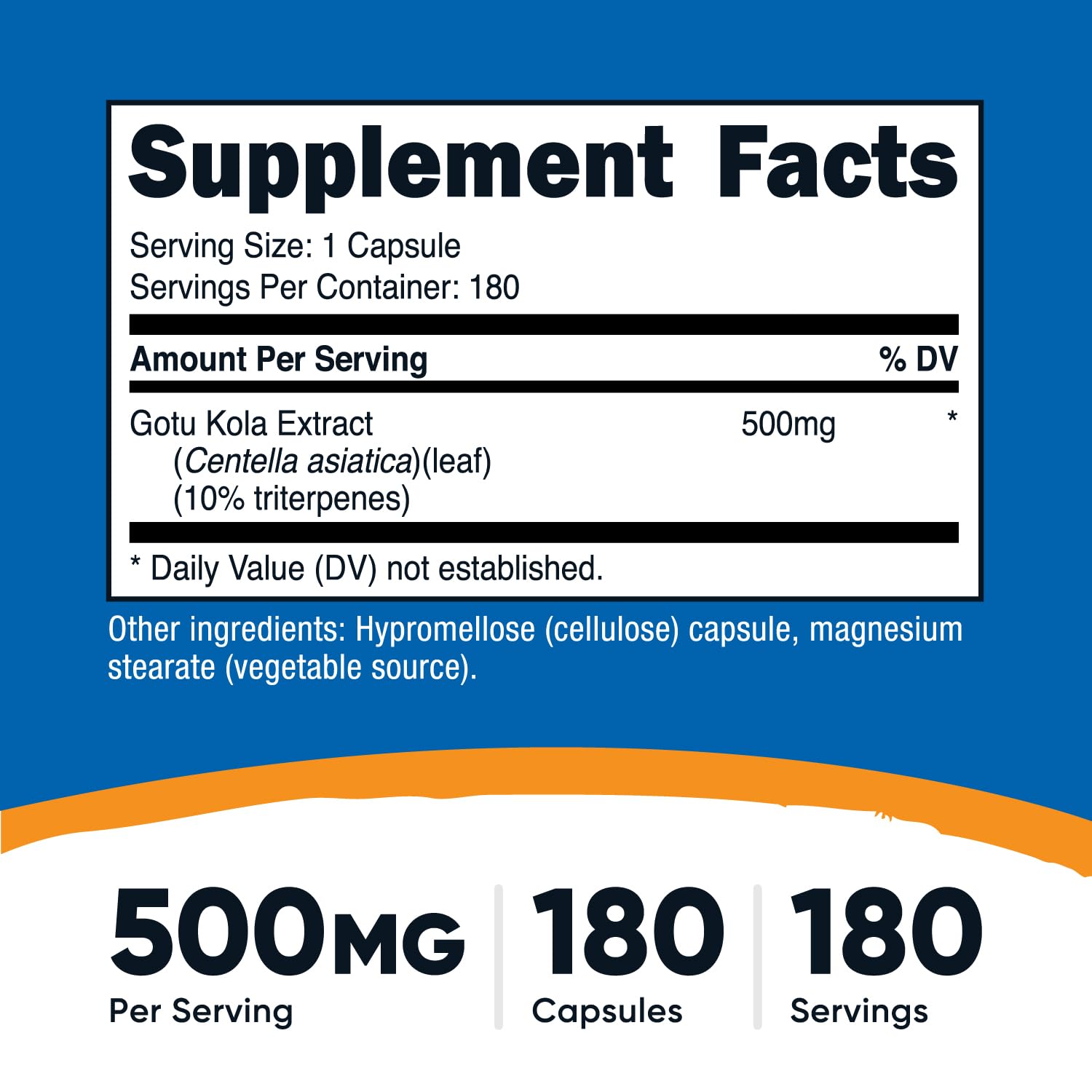 Nutricost Centella asiatica 180 vegetarian capsules supplement facts label side