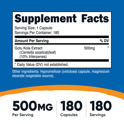 Nutricost Centella asiatica 180 vegetarian capsules supplement facts label side